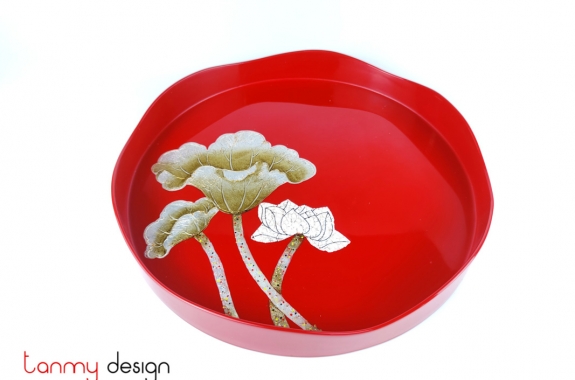 Red round lacquer tray hand-painted with lotus 33 cm